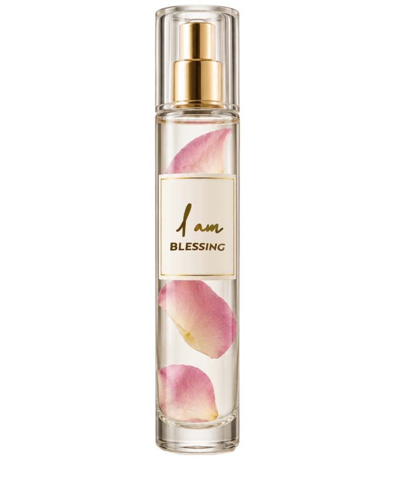 I am Blessing perfume oil — a 10 ml clear bottle with rose petals floating inside and I am Blessing printed in gold on the label